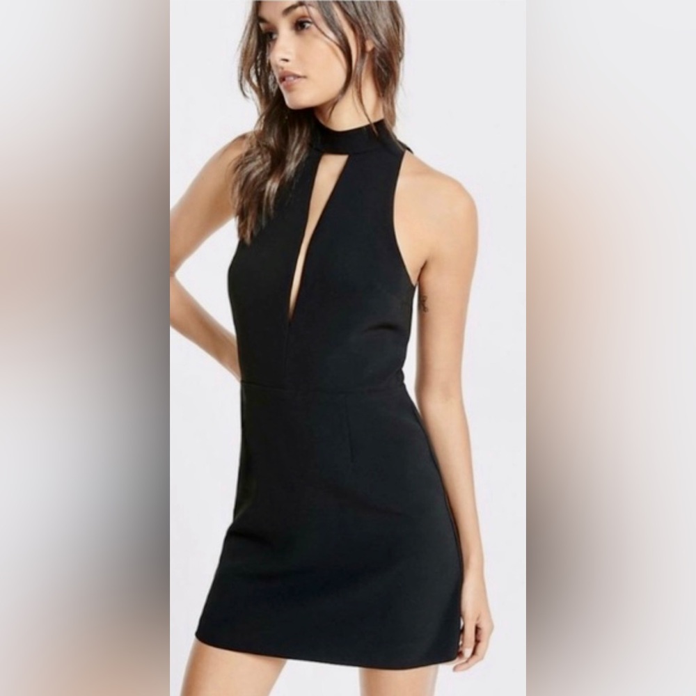 Express Keyhole Halter Mini Dress with Lace Back Detail